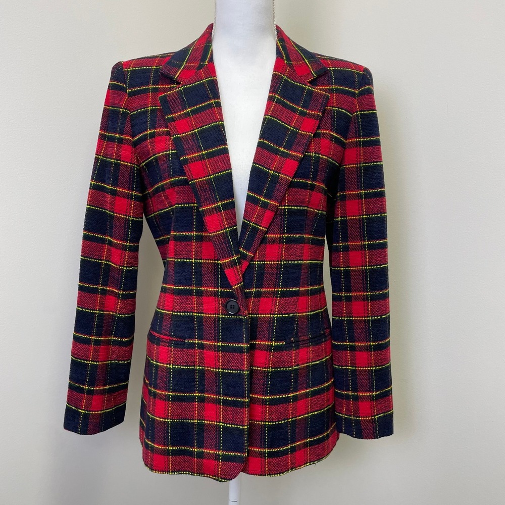 Joan Leslie Vintage Plaid Blazer 8 Red Navy Blue Yellow Tartan Single Button